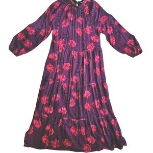 Floral Long Balloon Sleeve Tiered Midi Dress Modest Cottagecore Garden Fem Small